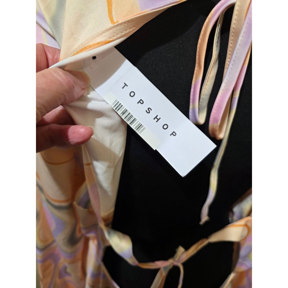 Topshop Maxi Dress Multi Color Cut Out Satin Long Sleeve Wave Print Retro Sz 14 - Picture 3 of 5